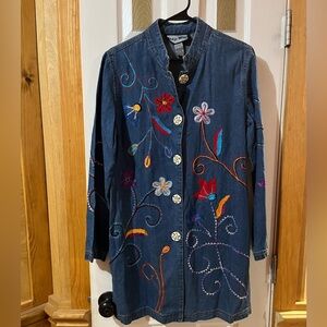 Embroidered Denim Coat  with Floral Design by Indigo Moon